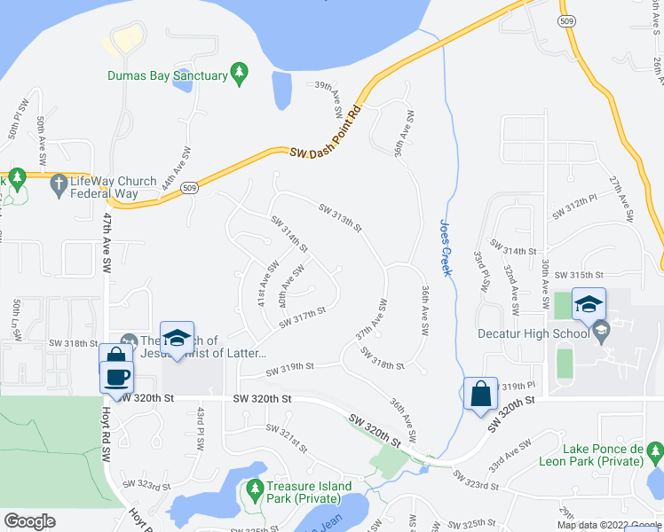map of restaurants, bars, coffee shops, grocery stores, and more near 3904 Southwest 314th Street in Federal Way