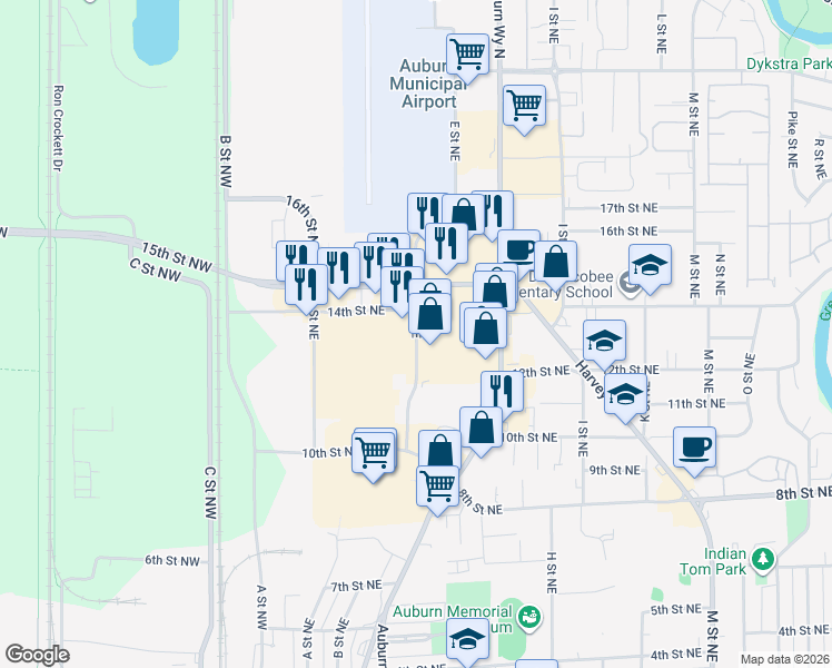 map of restaurants, bars, coffee shops, grocery stores, and more near 1344 D St NE in Auburn