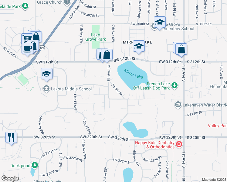 map of restaurants, bars, coffee shops, grocery stores, and more near 650 Southwest 316th Street in Federal Way