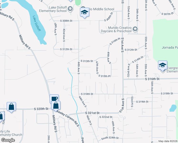 map of restaurants, bars, coffee shops, grocery stores, and more near 31505 46th Avenue South in Auburn