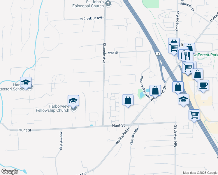 map of restaurants, bars, coffee shops, grocery stores, and more near 4510 68th Street Northwest in Gig Harbor