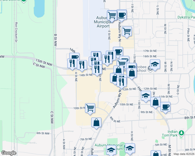 map of restaurants, bars, coffee shops, grocery stores, and more near 1452-1498 D Street Northeast in Auburn