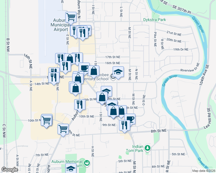 map of restaurants, bars, coffee shops, grocery stores, and more near 950 14th Street Northeast in Auburn