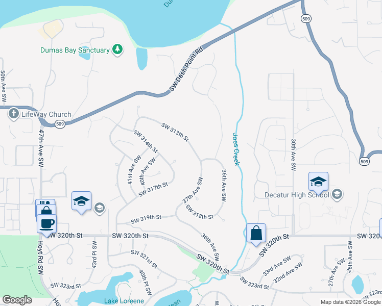 map of restaurants, bars, coffee shops, grocery stores, and more near 3751 Southwest 313th Street in Federal Way