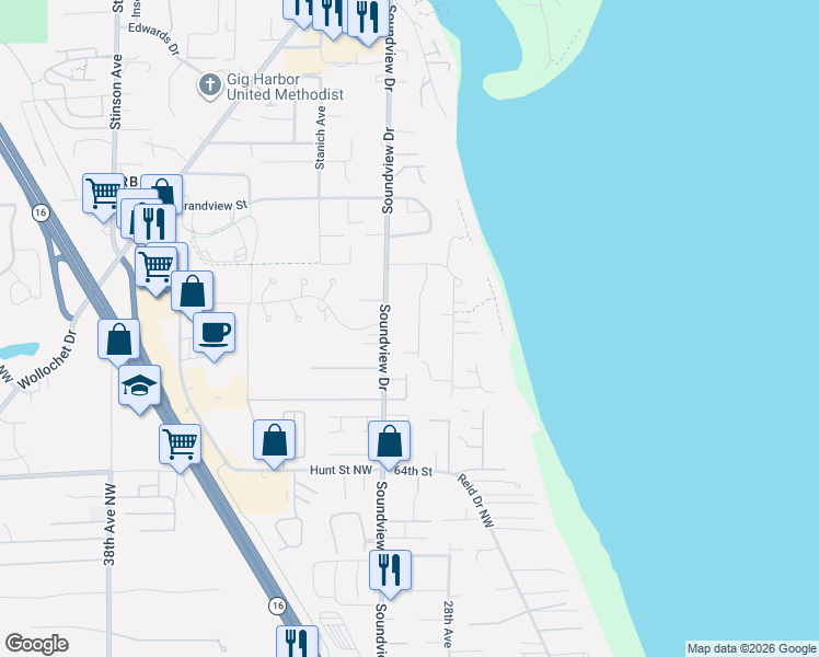 map of restaurants, bars, coffee shops, grocery stores, and more near 6817 Soundview Drive in Gig Harbor