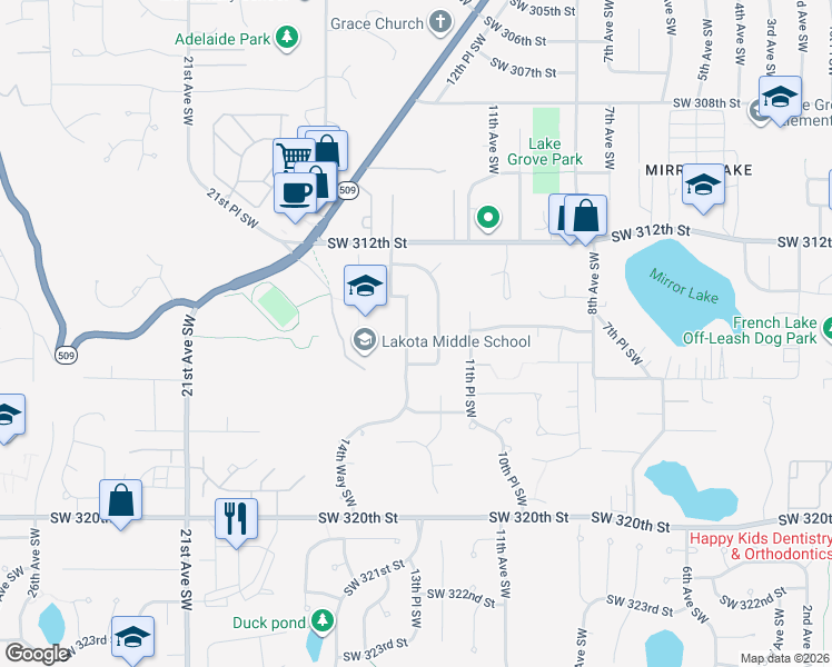map of restaurants, bars, coffee shops, grocery stores, and more near 31420 13th Avenue Southwest in Federal Way