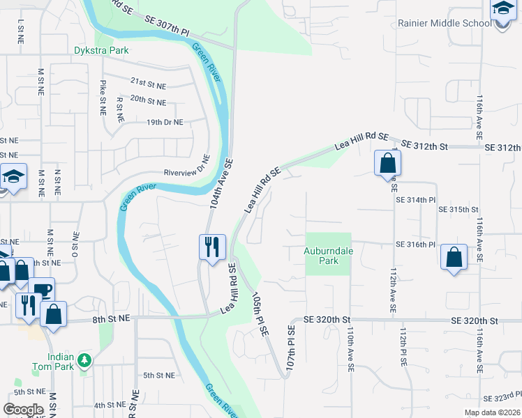 map of restaurants, bars, coffee shops, grocery stores, and more near 31400 106th Place Southeast in Auburn