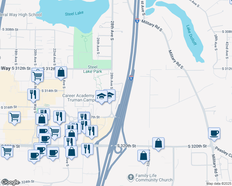 map of restaurants, bars, coffee shops, grocery stores, and more near 31260 28th Avenue South in Federal Way