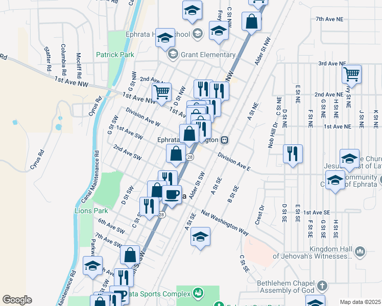 map of restaurants, bars, coffee shops, grocery stores, and more near 144 Division Avenue East in Ephrata