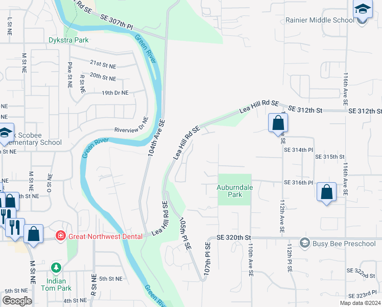 map of restaurants, bars, coffee shops, grocery stores, and more near 31507 106th Place Southeast in Auburn