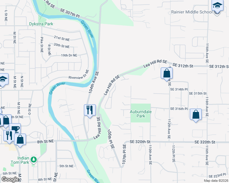 map of restaurants, bars, coffee shops, grocery stores, and more near 31511 106th Place Southeast in Auburn