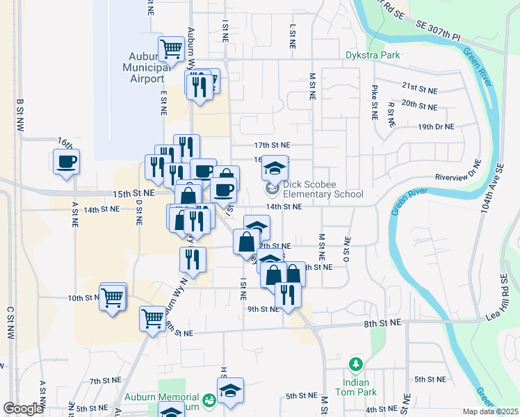 map of restaurants, bars, coffee shops, grocery stores, and more near 944 14th Street Northeast in Auburn