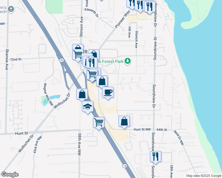map of restaurants, bars, coffee shops, grocery stores, and more near 3444 Erickson Street in Gig Harbor