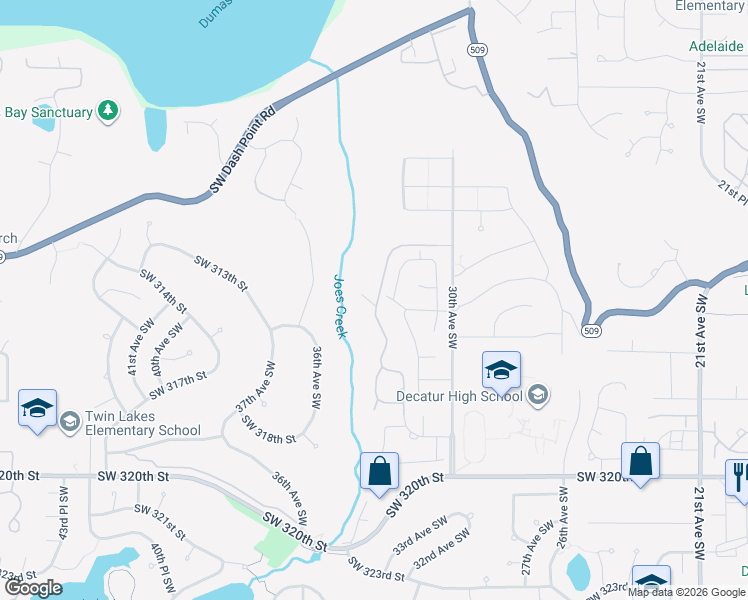map of restaurants, bars, coffee shops, grocery stores, and more near 3304 Southwest 314th Street in Federal Way
