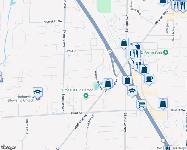 map of restaurants, bars, coffee shops, grocery stores, and more near 6821 42nd Avenue Court Northwest in Gig Harbor