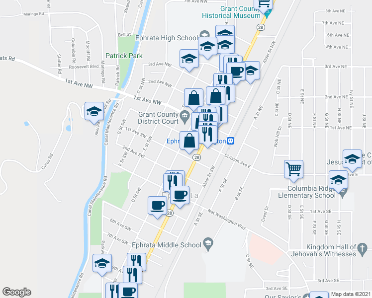 map of restaurants, bars, coffee shops, grocery stores, and more near 30 C Street Southwest in Ephrata