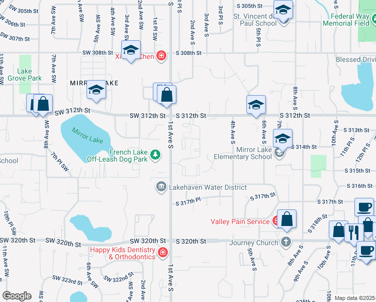 map of restaurants, bars, coffee shops, grocery stores, and more near 31500 1st Avenue South in Federal Way