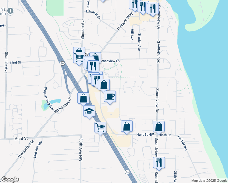 map of restaurants, bars, coffee shops, grocery stores, and more near 3444 Erickson Street in Gig Harbor