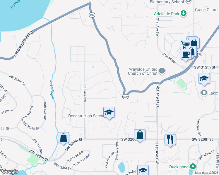 map of restaurants, bars, coffee shops, grocery stores, and more near 31408 28th Place Southwest in Federal Way