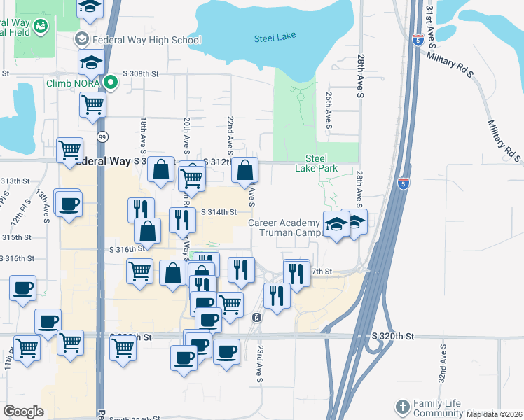 map of restaurants, bars, coffee shops, grocery stores, and more near 31420 23rd Avenue South in Federal Way