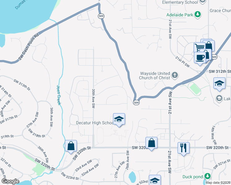 map of restaurants, bars, coffee shops, grocery stores, and more near 31408 28th Place Southwest in Federal Way