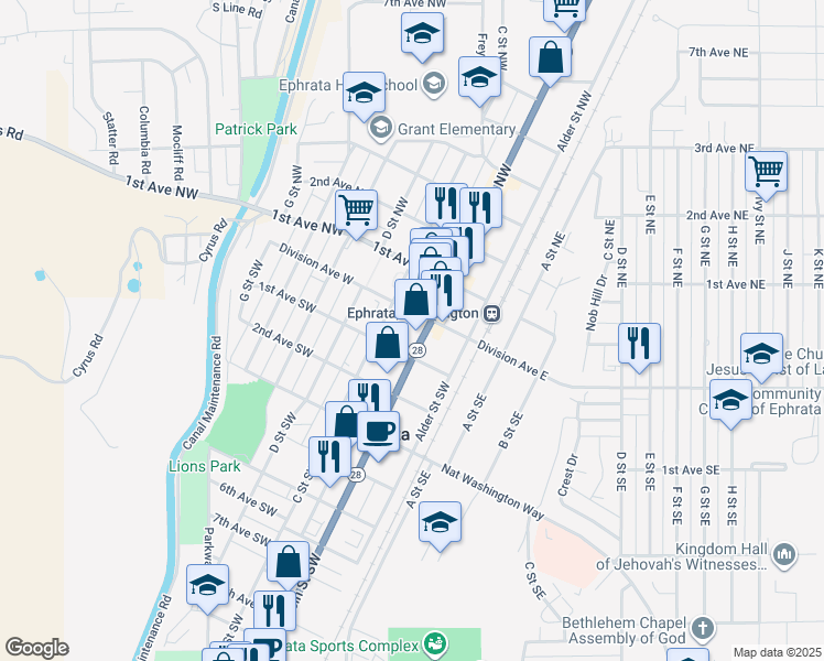map of restaurants, bars, coffee shops, grocery stores, and more near 30 C Street Southwest in Ephrata