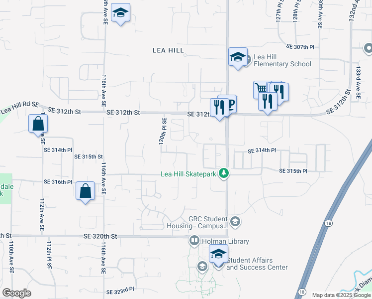 map of restaurants, bars, coffee shops, grocery stores, and more near 12124 Southeast 314th Place in Auburn
