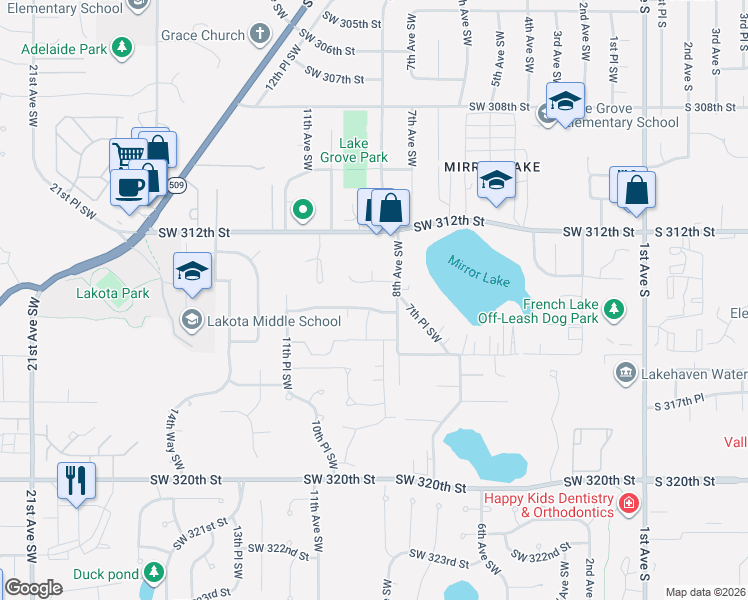 map of restaurants, bars, coffee shops, grocery stores, and more near 816 Southwest 314th Place in Federal Way