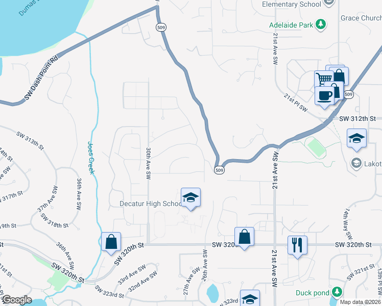 map of restaurants, bars, coffee shops, grocery stores, and more near 31408 28th Place Southwest in Federal Way
