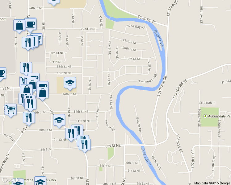 map of restaurants, bars, coffee shops, grocery stores, and more near 1408 Riverview Drive Northeast in Auburn