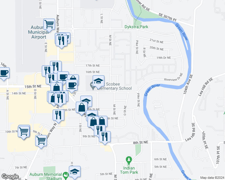 map of restaurants, bars, coffee shops, grocery stores, and more near 1301 14th Street Northeast in Auburn