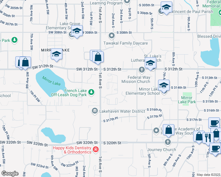 map of restaurants, bars, coffee shops, grocery stores, and more near 31500 1st Avenue South in Federal Way