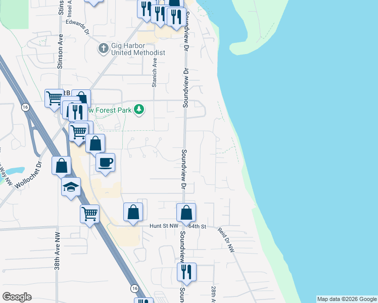map of restaurants, bars, coffee shops, grocery stores, and more near 6817 Soundview Drive in Gig Harbor