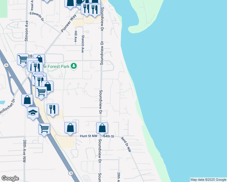 map of restaurants, bars, coffee shops, grocery stores, and more near 6817 Rainier Avenue in Gig Harbor