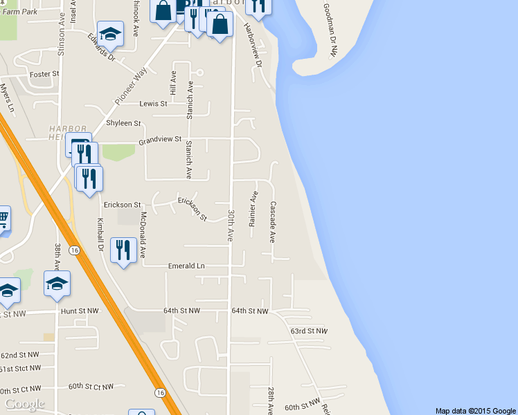 map of restaurants, bars, coffee shops, grocery stores, and more near 6817 Rainier Ave in Gig Harbor