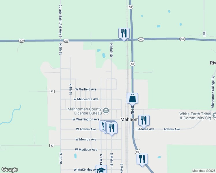 map of restaurants, bars, coffee shops, grocery stores, and more near 616N North Main Street in Mahnomen