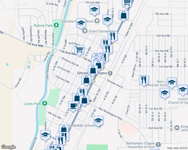 map of restaurants, bars, coffee shops, grocery stores, and more near 210 Division Avenue West in Ephrata