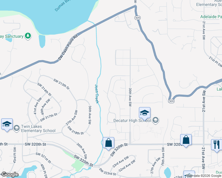 map of restaurants, bars, coffee shops, grocery stores, and more near 3304 Southwest 314th Street in Federal Way