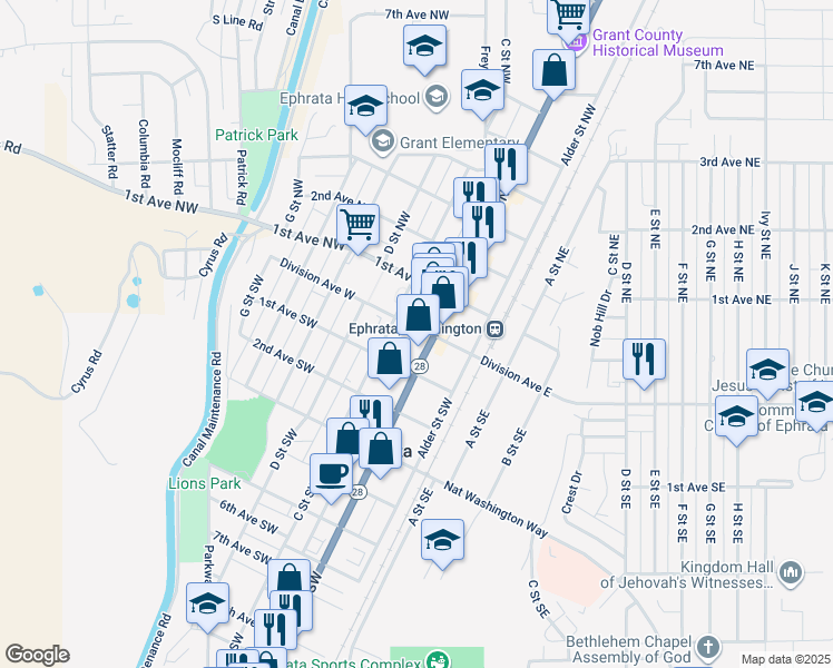 map of restaurants, bars, coffee shops, grocery stores, and more near 30 C Street Southwest in Ephrata