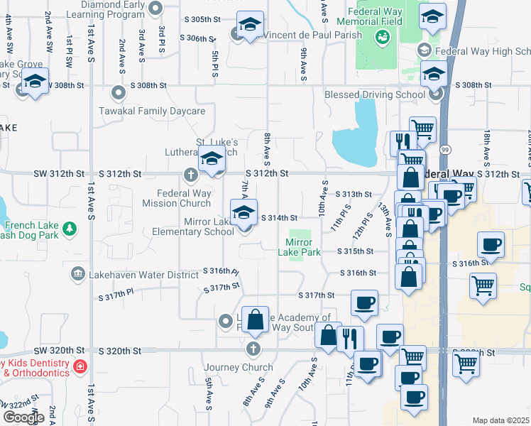 map of restaurants, bars, coffee shops, grocery stores, and more near 728 South 314th Street in Federal Way