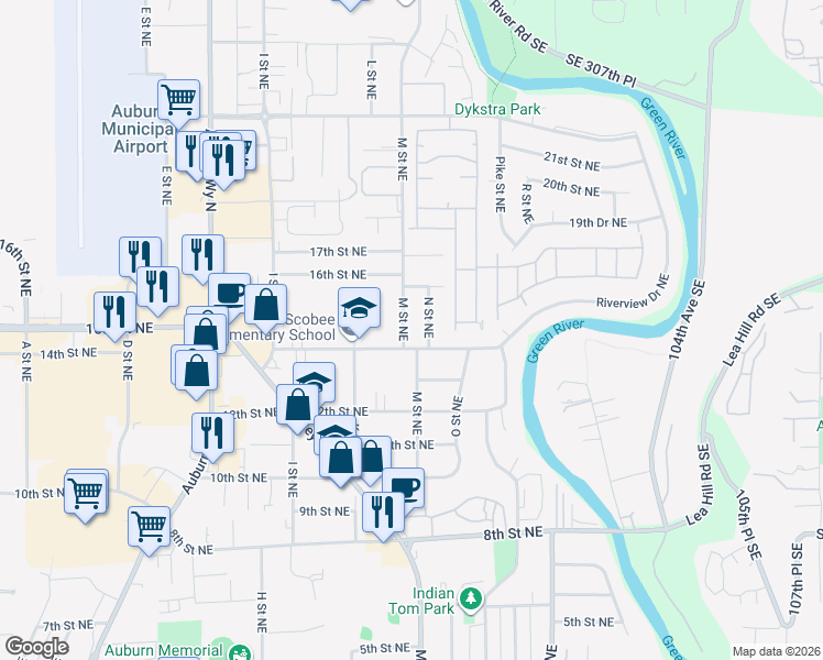 map of restaurants, bars, coffee shops, grocery stores, and more near 1301 14th Street Northeast in Auburn