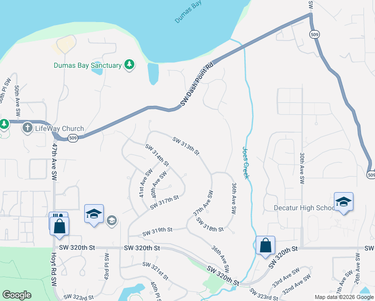 map of restaurants, bars, coffee shops, grocery stores, and more near 3827 Southwest 313th Street in Federal Way