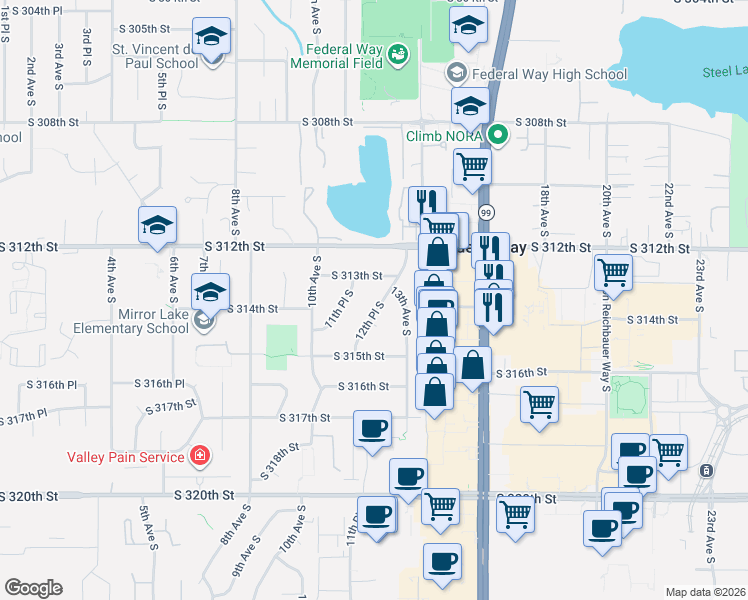 map of restaurants, bars, coffee shops, grocery stores, and more near 31327 12th Place South in Federal Way