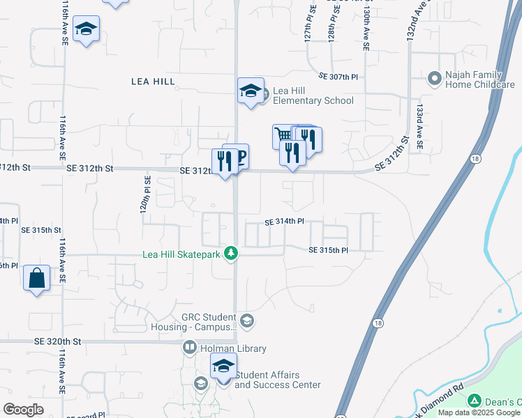 map of restaurants, bars, coffee shops, grocery stores, and more near 12499 Southeast 314th Street in Auburn