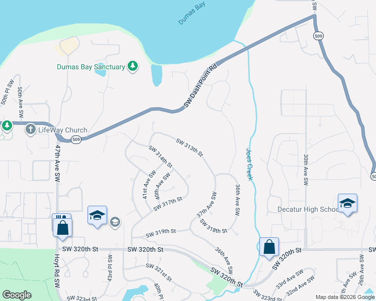 map of restaurants, bars, coffee shops, grocery stores, and more near 3827 Southwest 313th Street in Federal Way
