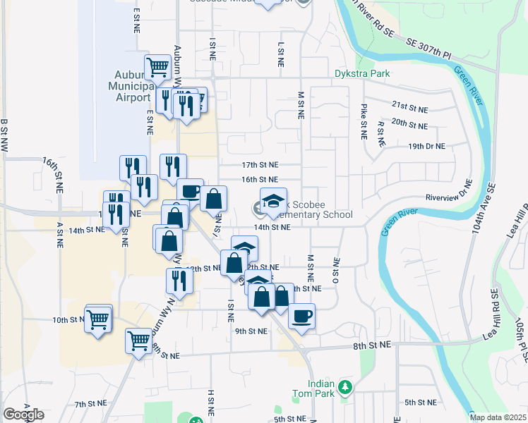 map of restaurants, bars, coffee shops, grocery stores, and more near 1031 14th Street Northeast in Auburn