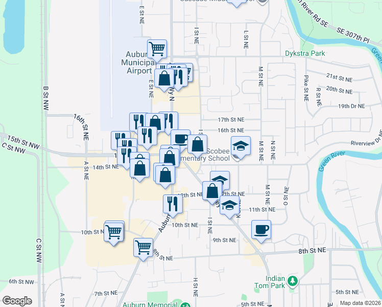 map of restaurants, bars, coffee shops, grocery stores, and more near 1416 Harvey Road in Auburn
