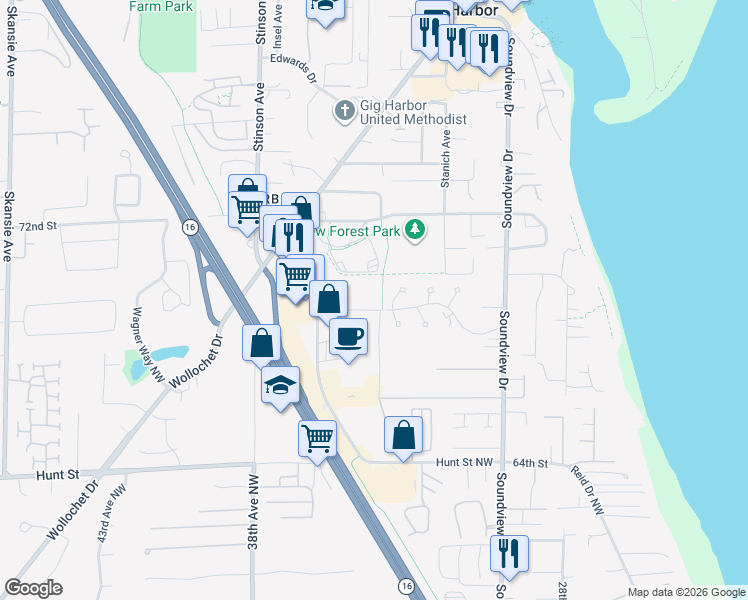 map of restaurants, bars, coffee shops, grocery stores, and more near 3405 Erickson Street in Gig Harbor