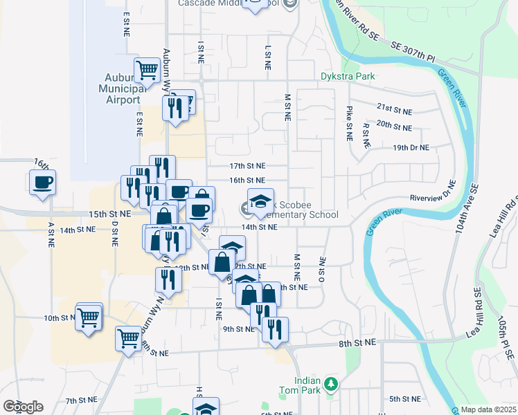 map of restaurants, bars, coffee shops, grocery stores, and more near 1031 14th Street Northeast in Auburn