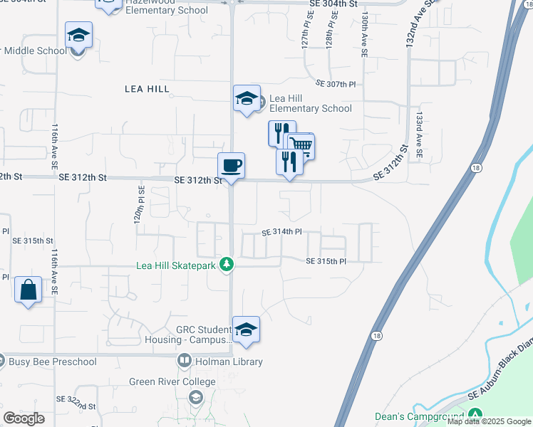map of restaurants, bars, coffee shops, grocery stores, and more near 12401-12499 SE 314th St in Auburn